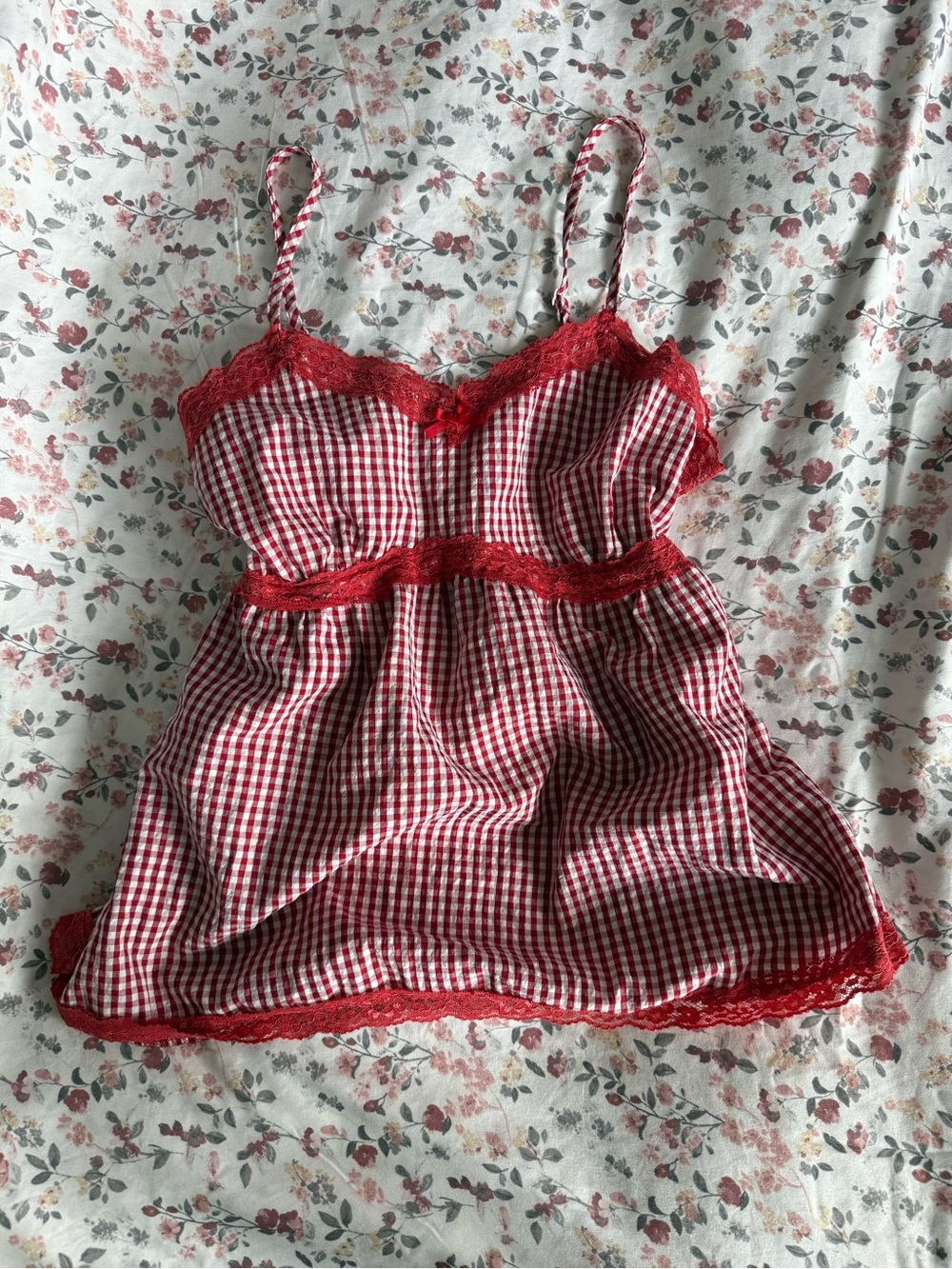 ROMWE Red Gingham Lace-Trim Cami Slip